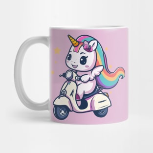 unicorn riding scooter Mug